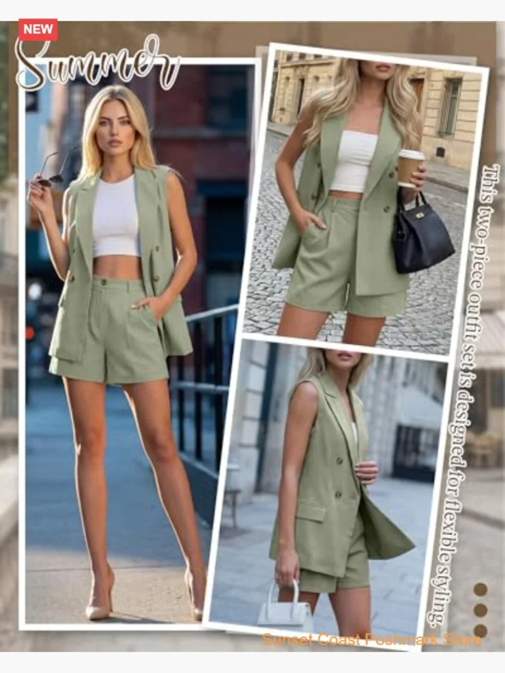 Women 2 Piece Set Sleeveless Button Vest and Elastic Waist Shorts Matching